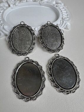 4 Pcs Silver Tone Oval Vintage Pendant Blank For 30x40mm Cabochon Jewelry Making